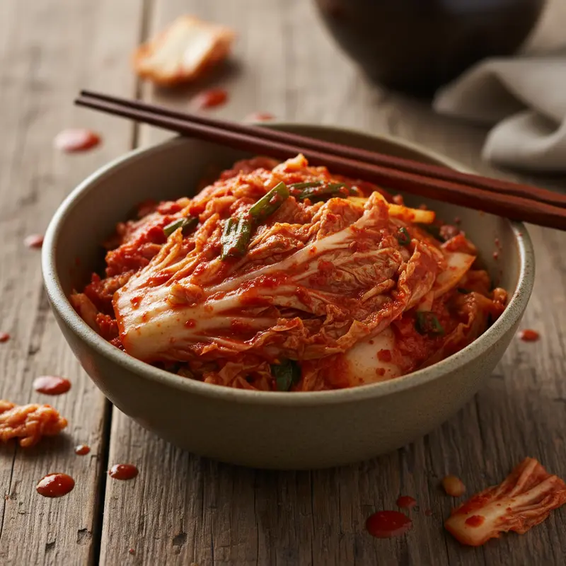 Kimchi in a bowl with chopsticks