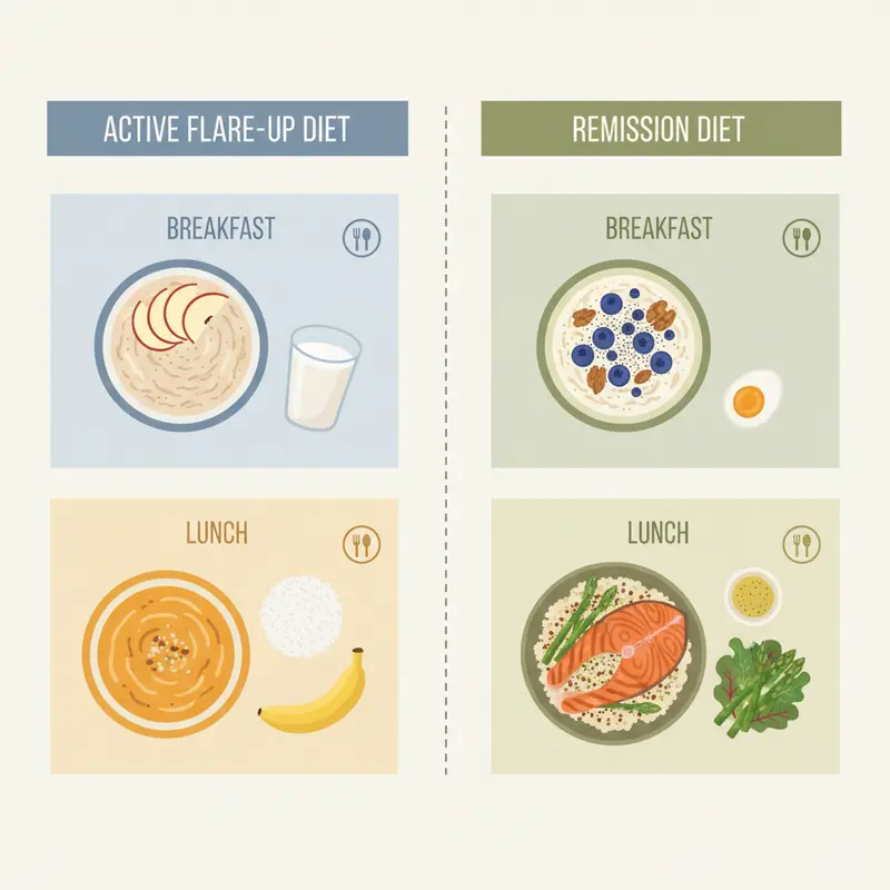 Sample meal plan for colitis flare-up and remission stages