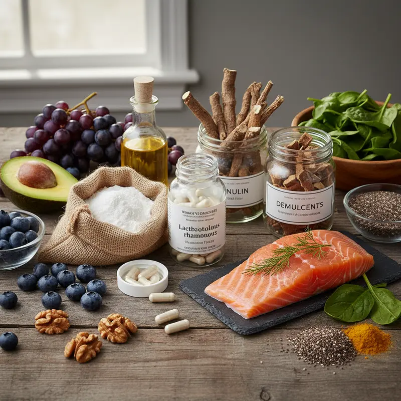 Supplements and healthy foods supporting gut cleanse