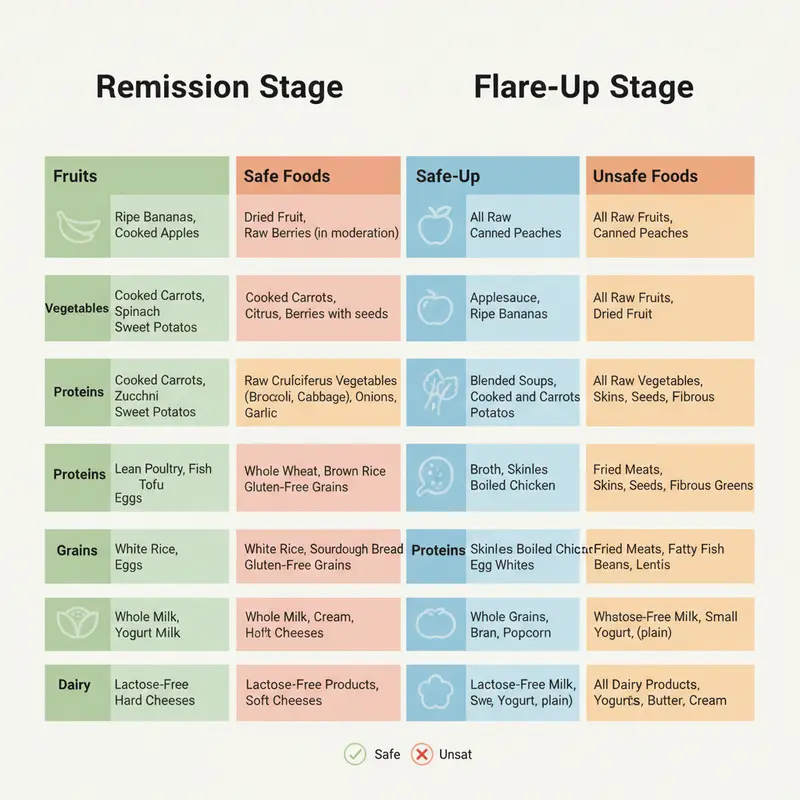 Table of safe and unsafe foods for colitis stages