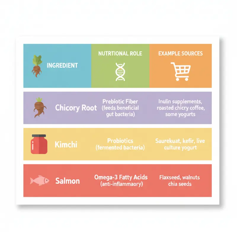Table with gut-healthy ingredients and nutritional roles