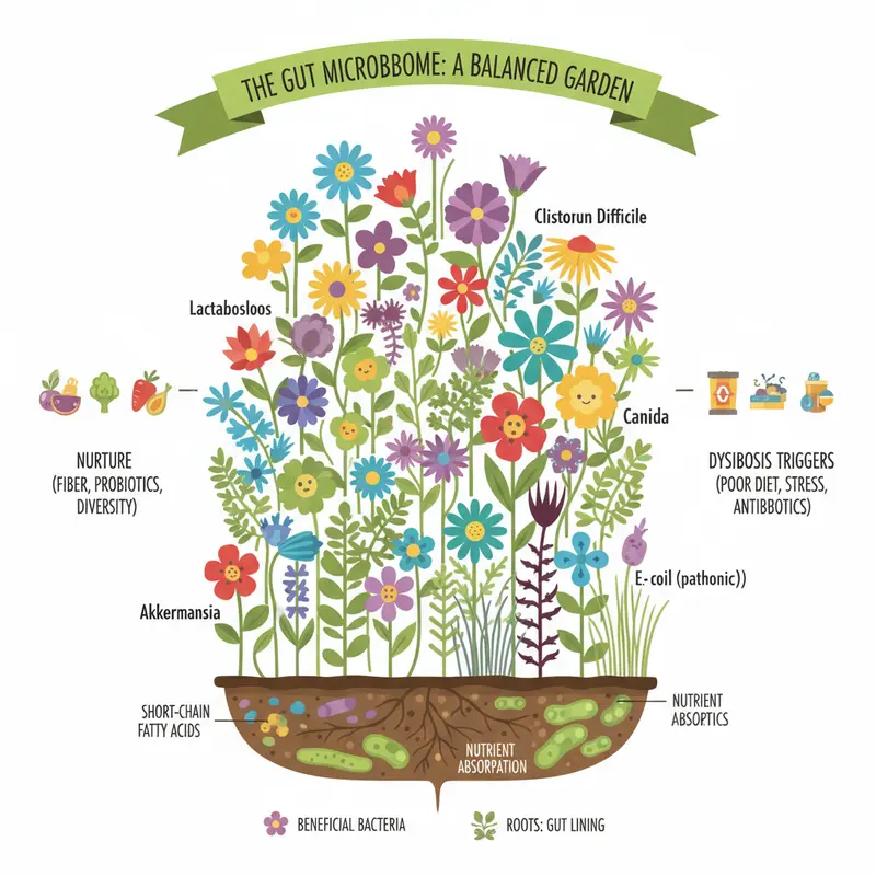 Gut microbiome garden with flowers and weeds