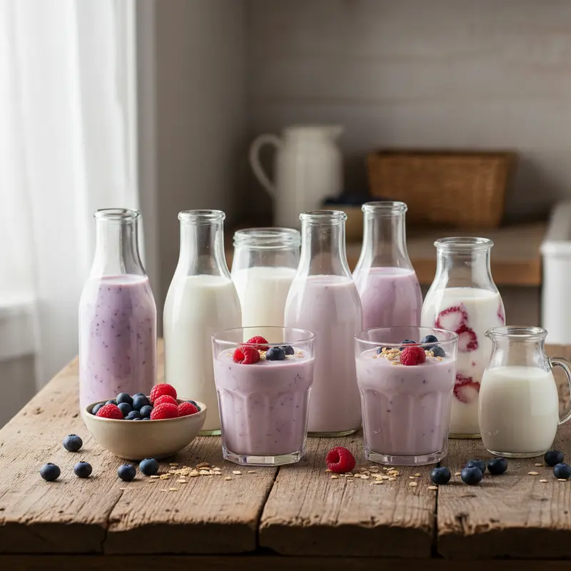 Various dairy-based probiotic drinks including kefir and yogurt drinks
