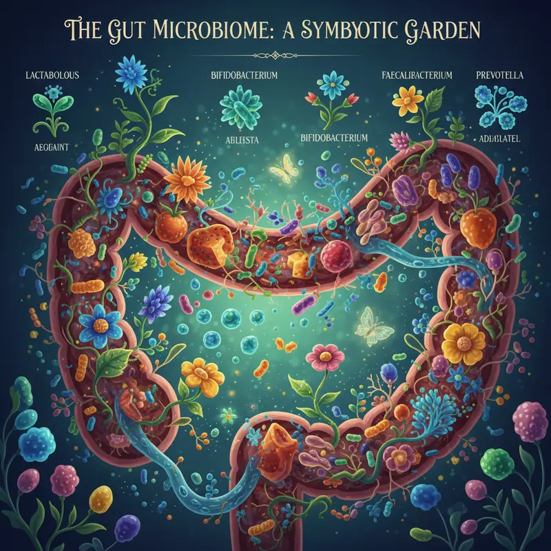 Vibrant gut microbiome garden illustration