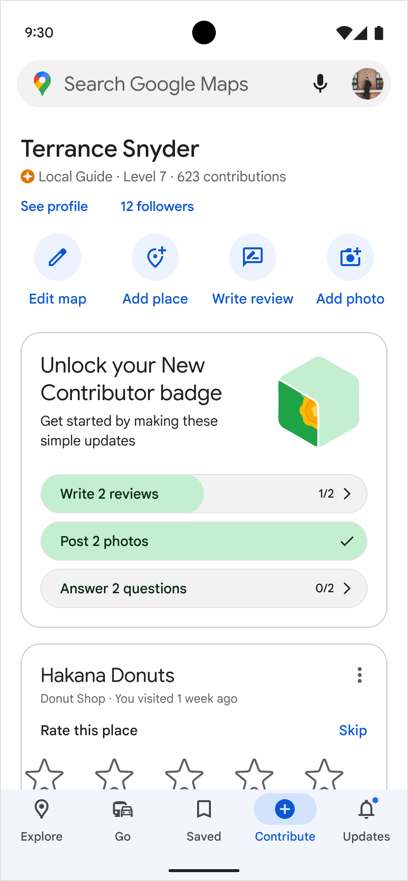 Google Maps contributor onboarding progression card