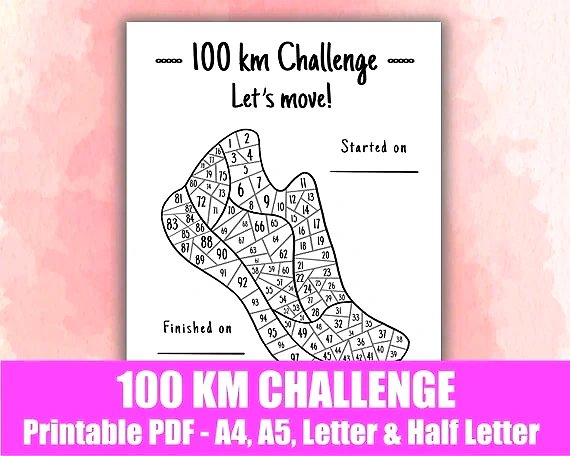 100 km challenge tracker. Printbar PDF.