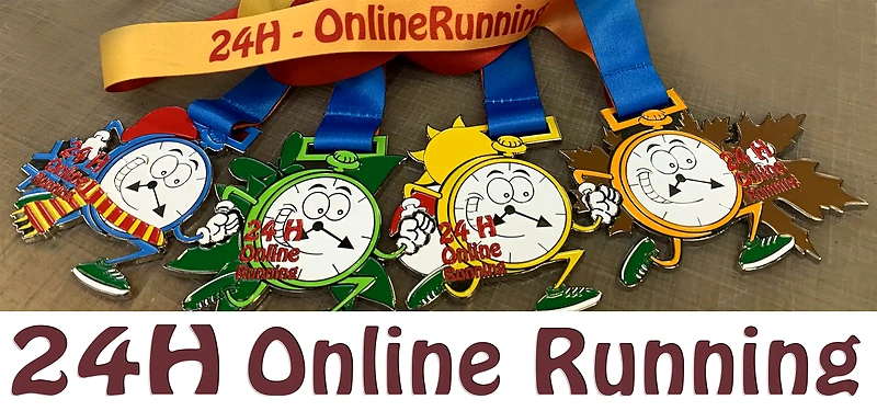 Fire medaljer fra 24H Online Running løbet, hver med et sæsonbestemt design.