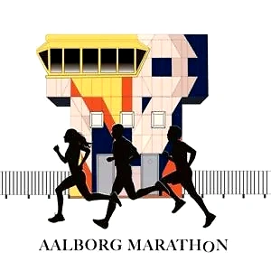 Aalborg Marathon logo med løbere foran et stiliseret bygningsværk.