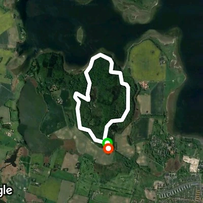 Kort over løberuten i Boserup Skov. Start og mål er markeret.