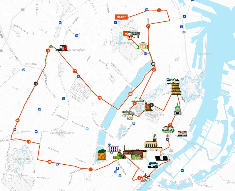 Kort over ruten for CPH Halvmarathon 2025. Visuelt og informativt.