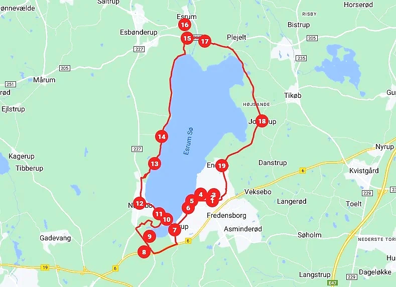 Kort over Esrum Sø Rundt løbsrute.