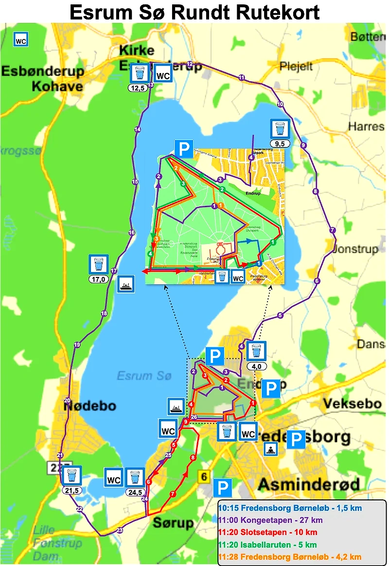 Esrum Sø Rundt løbsrute kort. Visr forskellige ruter og afmærkning.