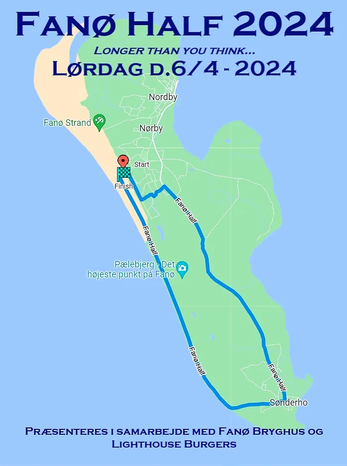 Fanø Half 2024 rutekort. Start og slut er markeret.