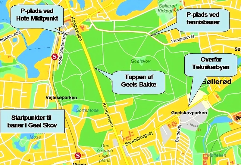 Kort over Geel Skov løberuter, parkering og startpunkter.