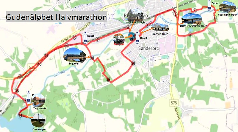 Gudenåløbet Half Marathon route map. Shows start, finish, and aid stations.