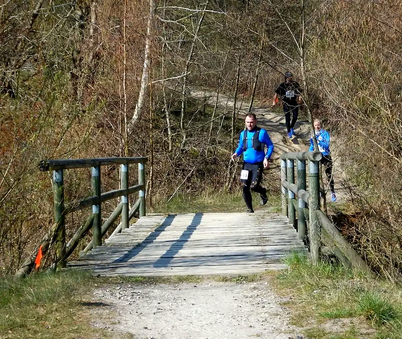Løbere krydser bro på Hedelands Naturtrail.