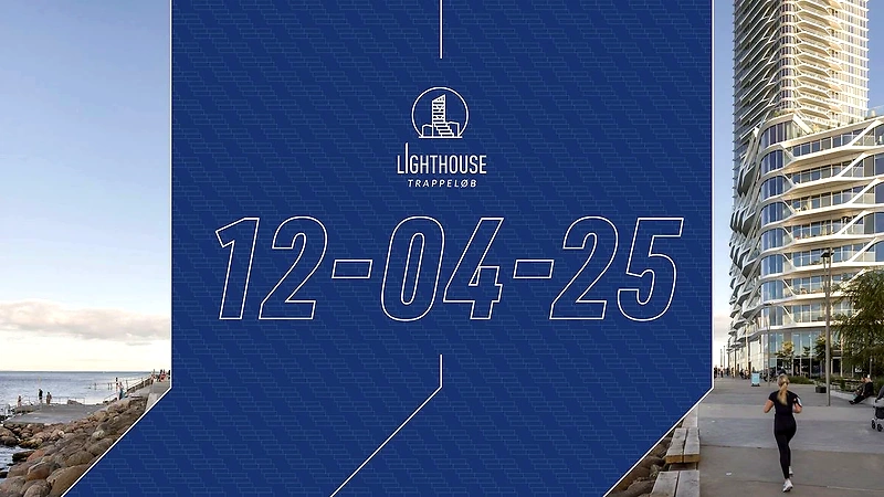 Lighthouse Trappeløb 2025 logo og løber ved bygningen. 12. april.