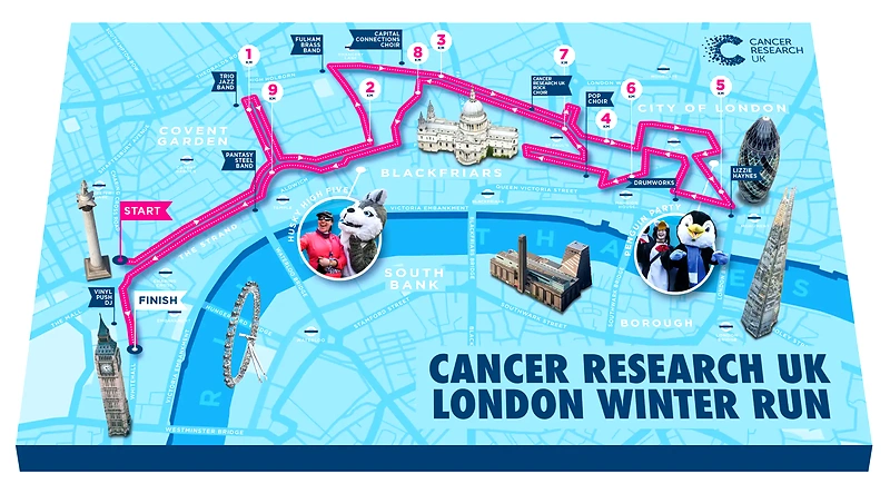 Kort over Cancer Research UK London Winter Run ruten.