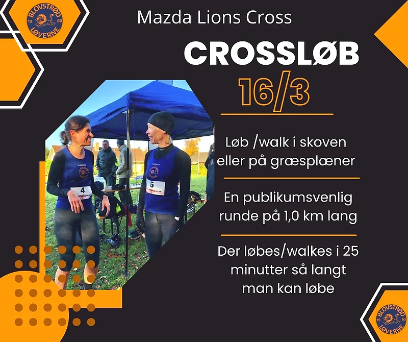 Mazda Lions Cross løb 16/3. 1 km rute i skoven. Til alle niveauer.