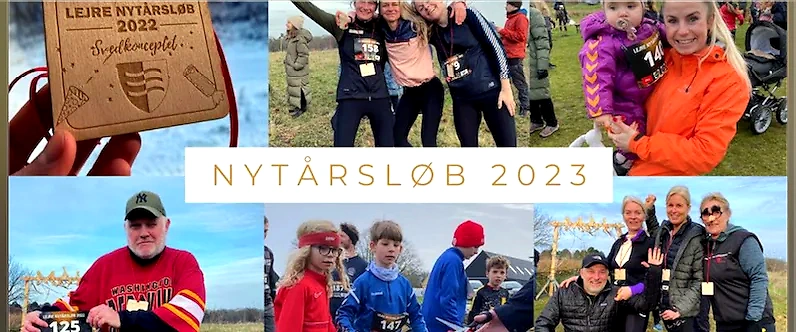 Billeder fra Lejre Nytårsløb 2023, der viser glade deltagere.