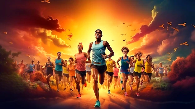 Løbere ved solnedgang. Smukt billede af Sunset Marathon.