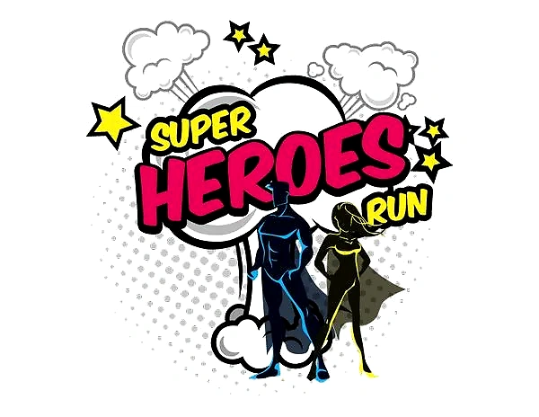 Superhelte løb logo med tegneserie stil.