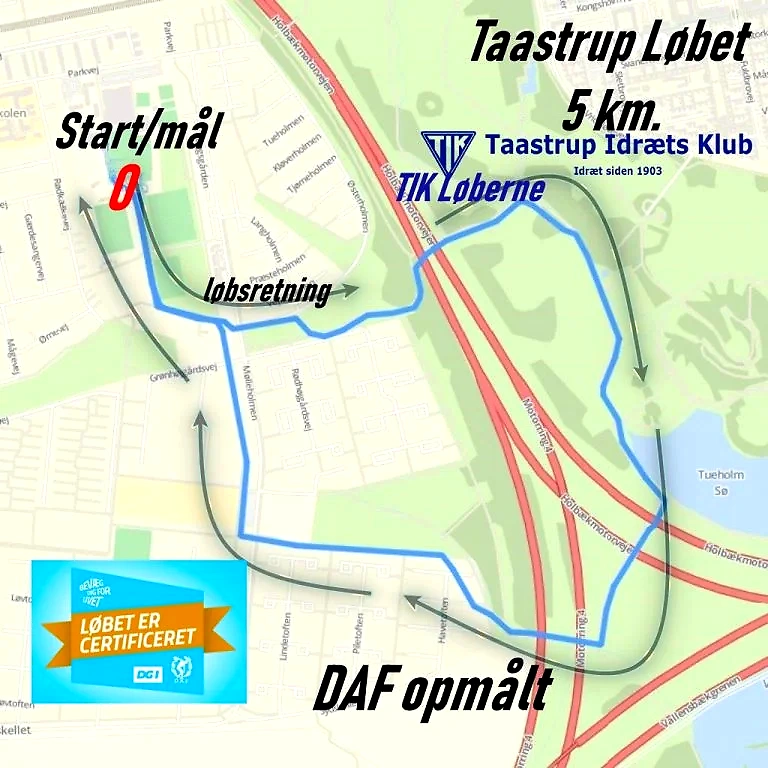 5 km løbsrute kort for Taastrup Løbet. Start og slut ved Idrætscenteret.