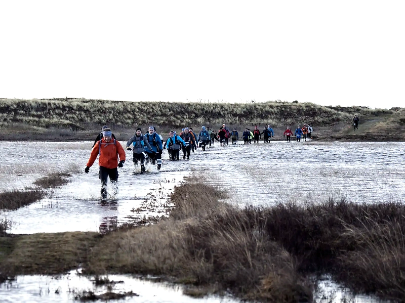 Thy Trail Marathon løbere vader gennem vand. Barsk og smukt!