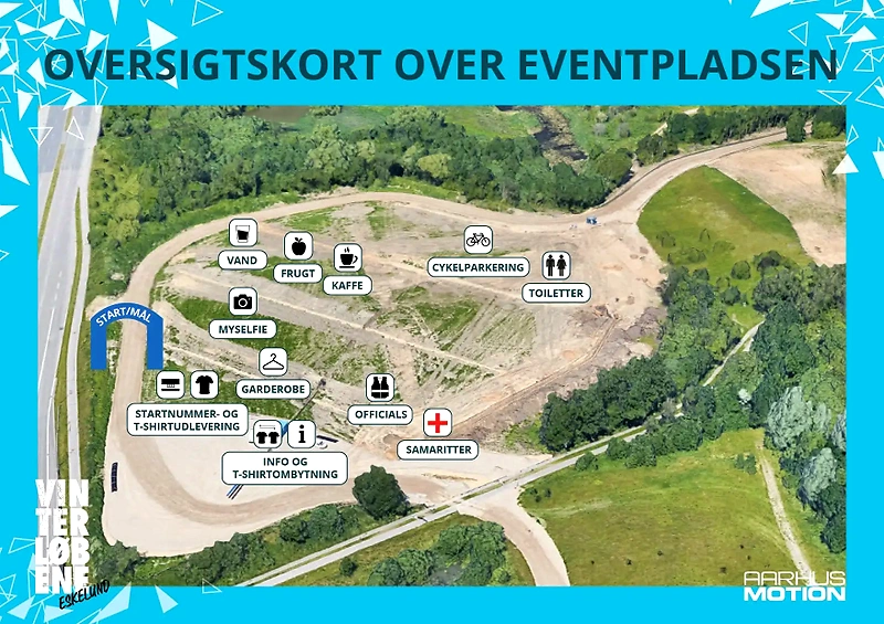 Eskelunden løbsarrangement - oversigtskort over eventpladsen.