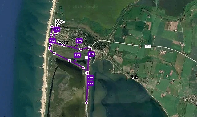 Kort over WalknRoll ruterne i Nationalpark Thy. Viser forskellige ruter på 1-7 km.