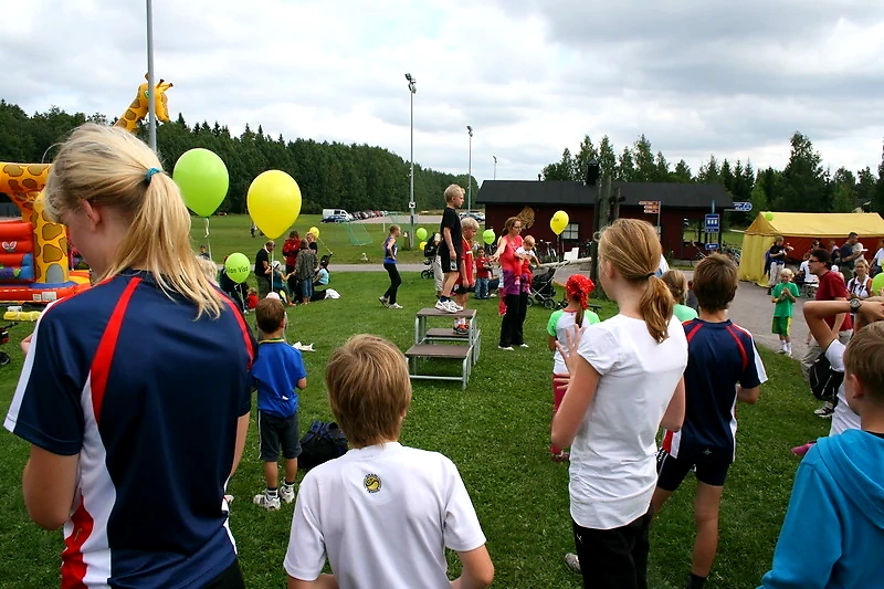 People and balloons on the lawn.