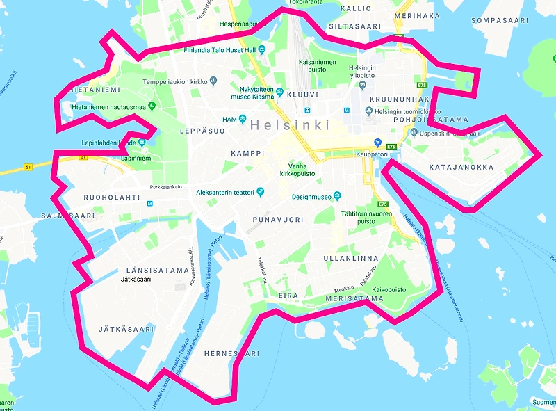 Helsinki10-juoksun reitti kartalla. Reitti kulkee Helsingin keskustassa.