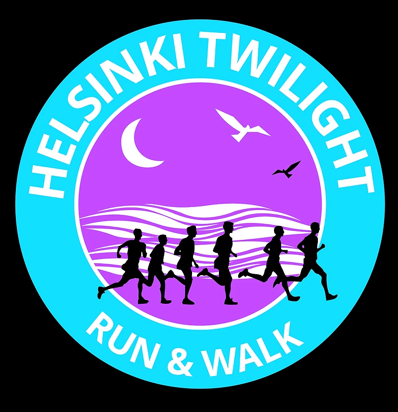Helsinki Twilight Run logo. Juoksijoita, kuu ja lintuja.