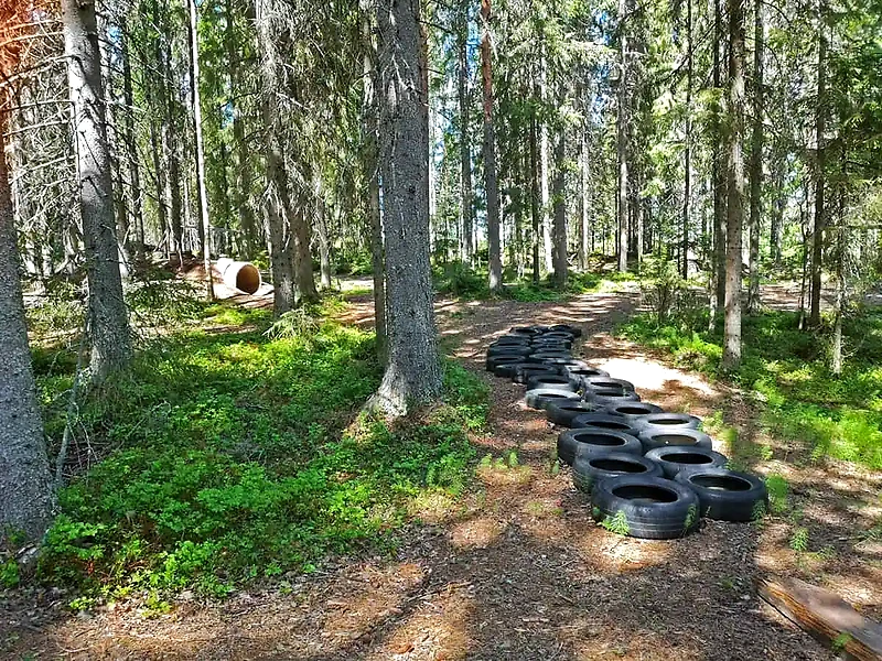 Metsäpolku ja renkaista tehty este juoksureitillä, Petäjämäki.