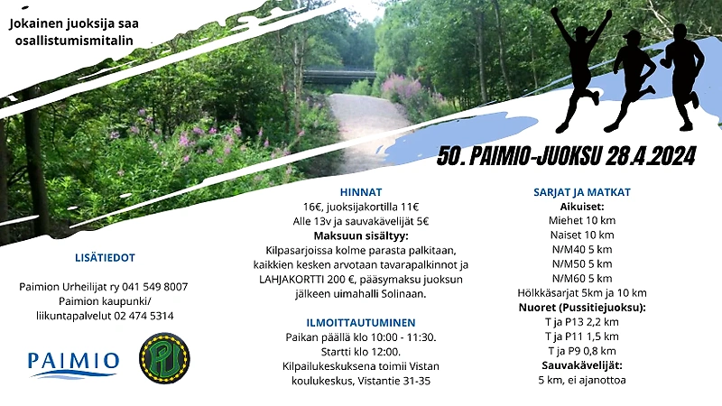 50. Paimio Run April 28, 2024 - advertisement. Contains information about the event and participation medals.