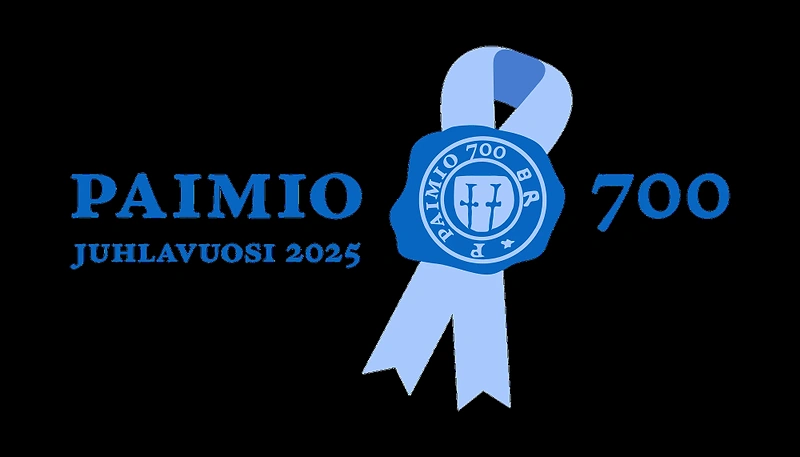 Paimio 700 anniversary logo. Blue ribbon, seal, and text.