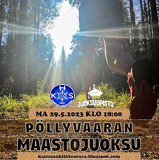 Pöllyvaaran maastojuoksu -mainos, jossa juoksija metsässä ja logon/tiedot.
