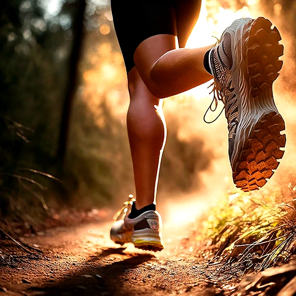 The trail runner is running on a forest path.
