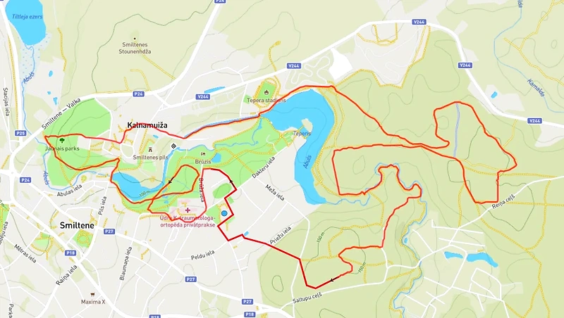 Skriešanas trases karte Smiltenē, ar sarkanu līniju iezīmēts maršruts.