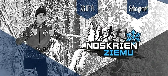 Ziemas skriešanas sacensību Noskrien Ziemu logo ar sportistu sniegotā mežā.