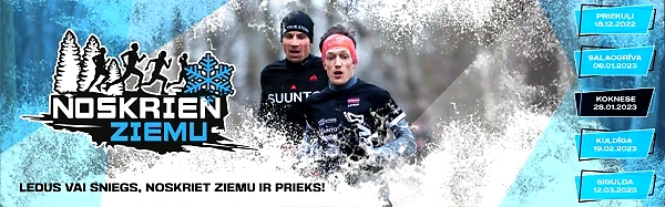 Noskrien Ziemu logo ar skrējējiem.