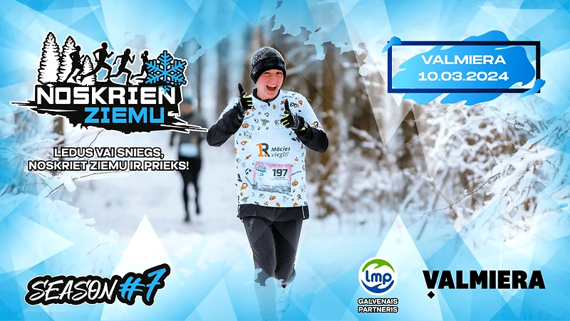 Ziemas skriešanas sacensības ar logo un sportistu.
