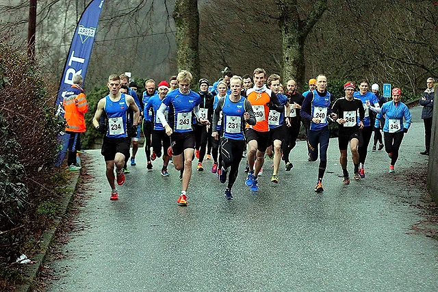 Runners in Andersen's Advent Race. Many participants in the cross-country race.