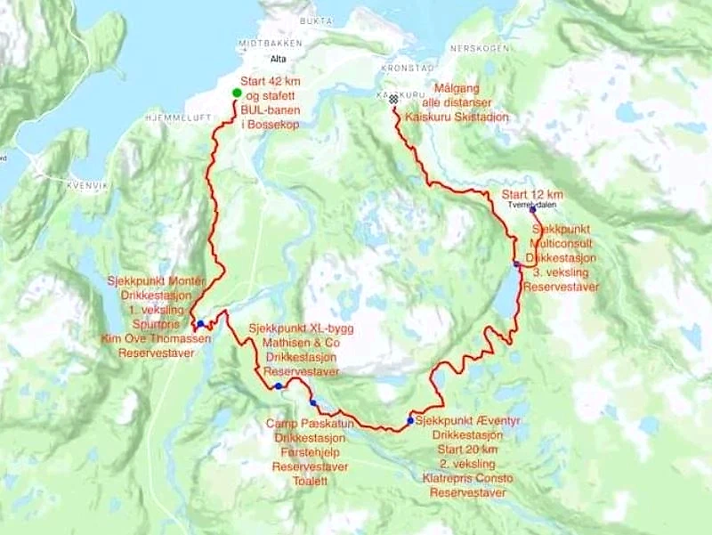 Map of the Arctic Alta Ultramarathon route with start, finish, and checkpoints.