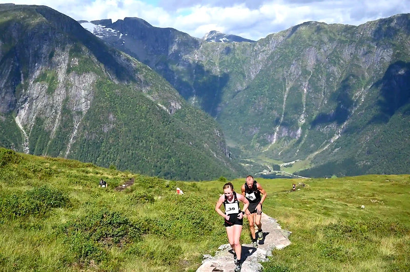 Runners in trail running in mountainous terrain.