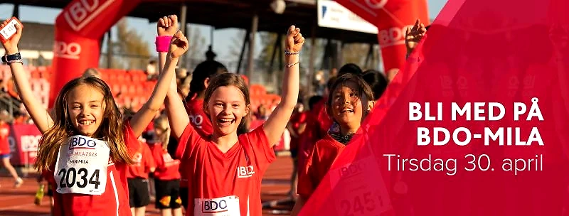 Children celebrate the BDO Mile race. The BDO Mile logo and date are visible.