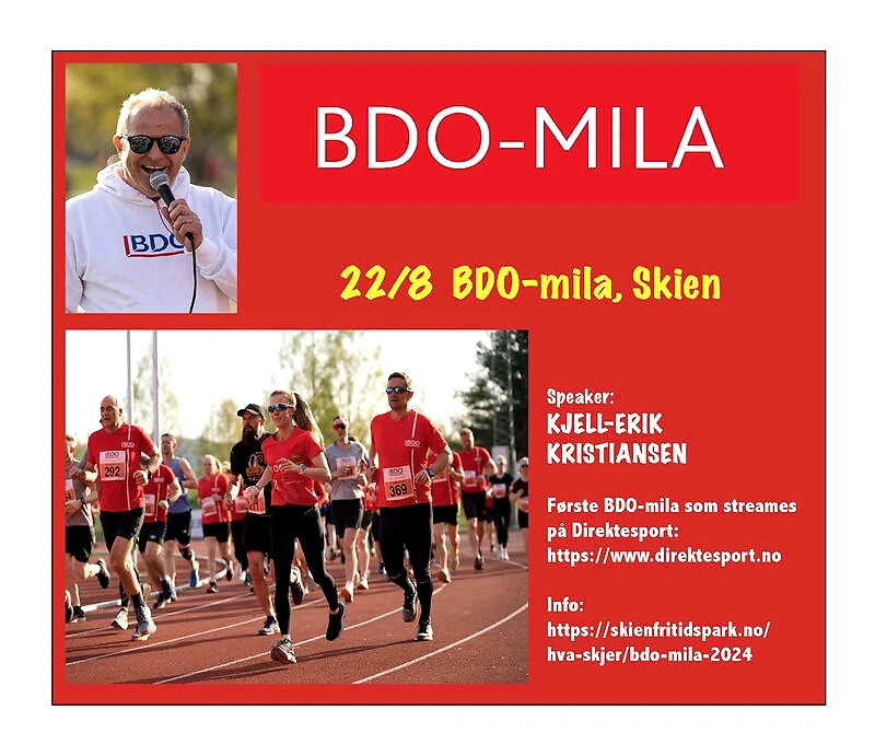 Image of the BDO-Mila race with runners, speaker, and important information.