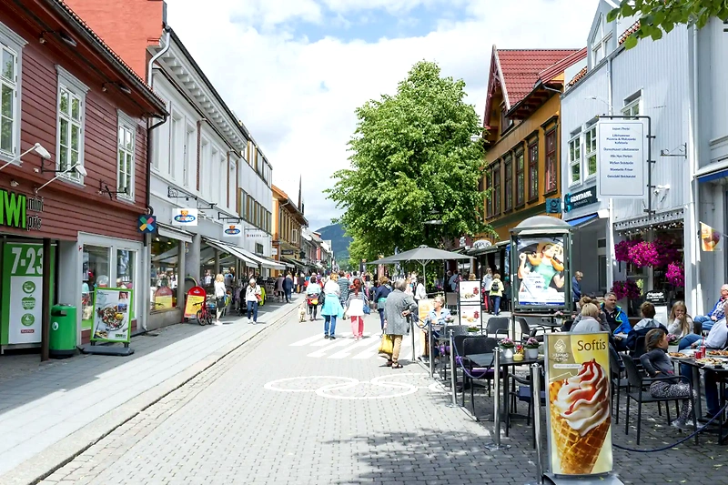 Street in Lillehammer with people and shops.