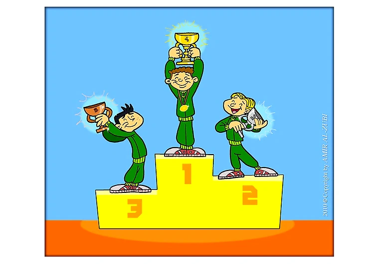 Comic strip image of winners on a podium.