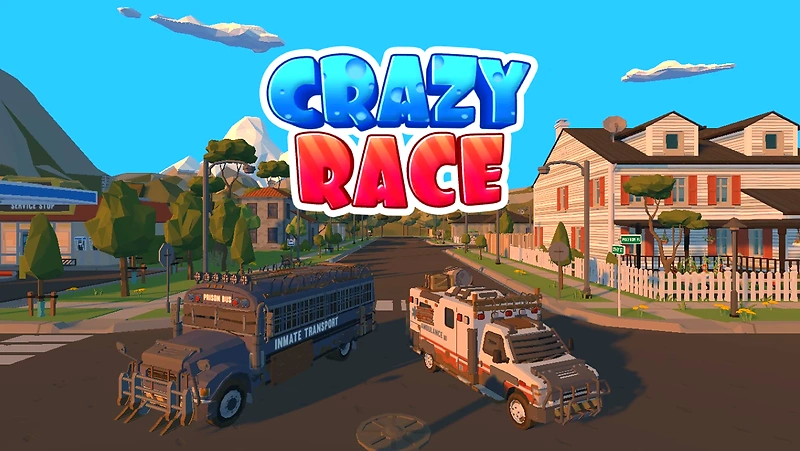 Crazy Race logo with stylized vehicles in a city.